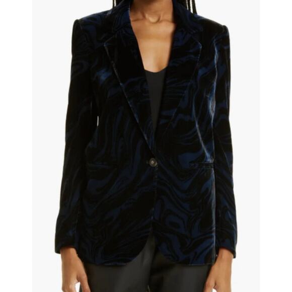 Ba&sh Tuck Noir Navy Black Marble Swirl Velvet One Button Blazer XS - Picture 2 of 12